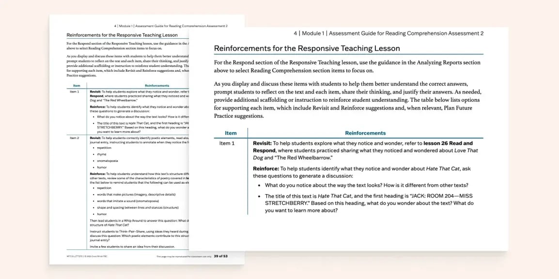 Arts & Letters assessment guide pages listing revisit and reinforce suggestions for a responsive teaching lesson