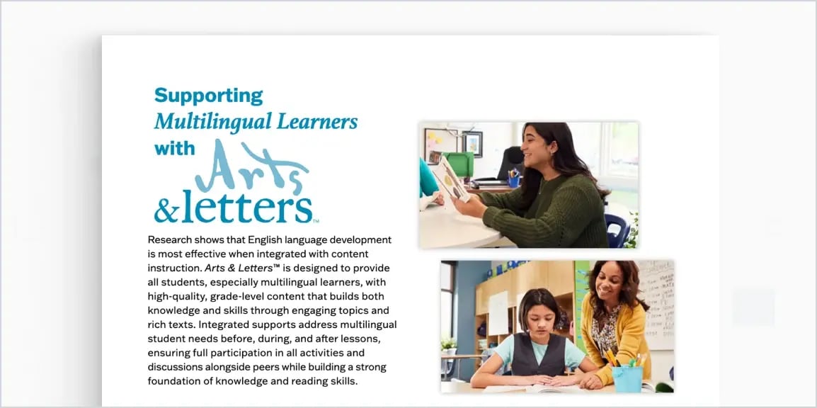 The Supporting Multilingual Learners with Arts & Letters document, with classroom photos of a teacher working one-on-one with students