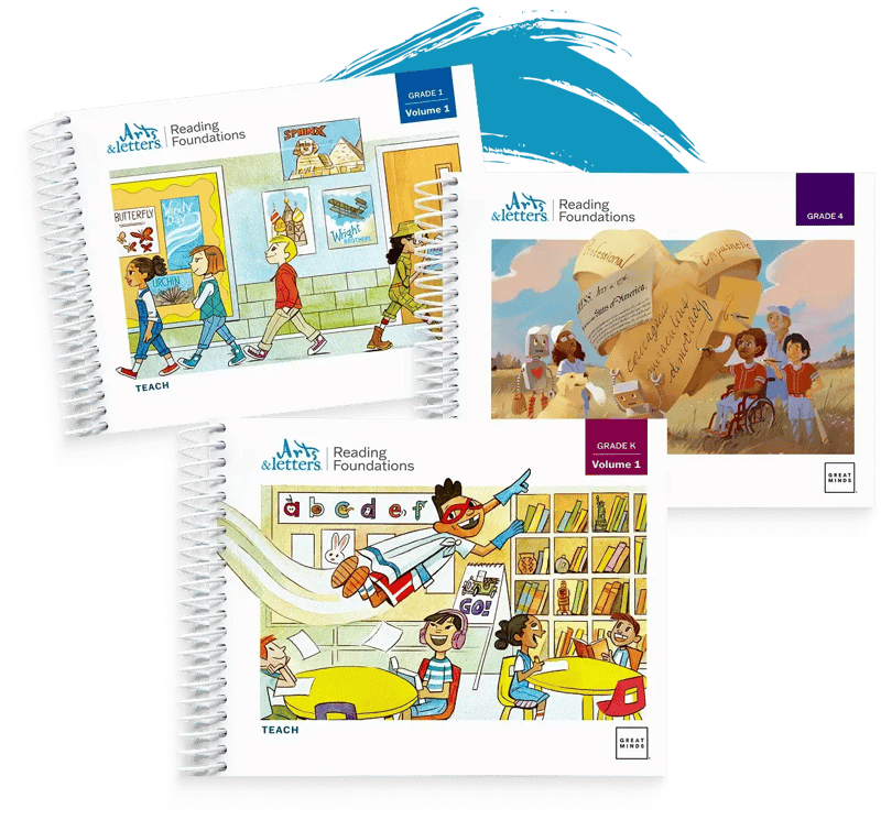 Three spiral-bound Arts & Letters: Reading Foundations Teach editions for Grade 1, Grade 4, and Grade K