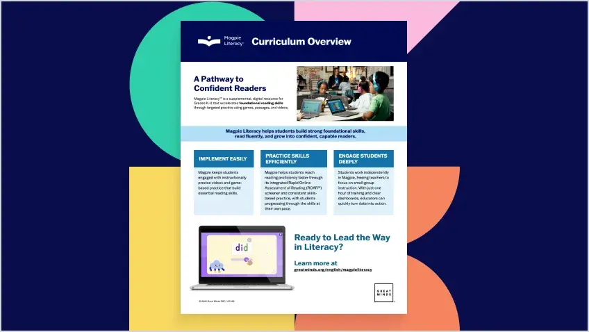 The Magpie Literacy Curriculum Overview document, titled A Pathway to Confident Readers, on a colorful background